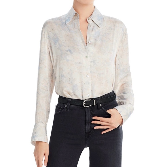 Vince Marble-Print Button-Down Shirt in Cream and Pale Blue - Picture 2 of 7